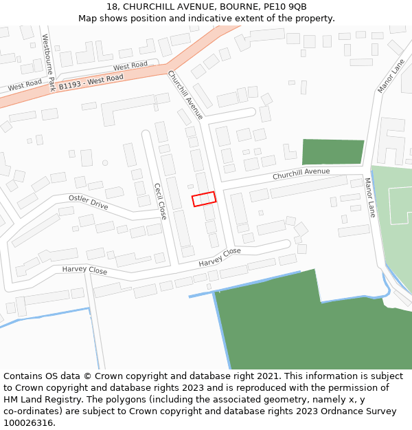 18, CHURCHILL AVENUE, BOURNE, PE10 9QB: Location map and indicative extent of plot