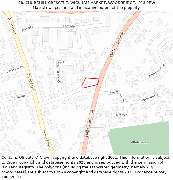 18, CHURCHILL CRESCENT, WICKHAM MARKET, WOODBRIDGE, IP13 0RW: Location map and indicative extent of plot