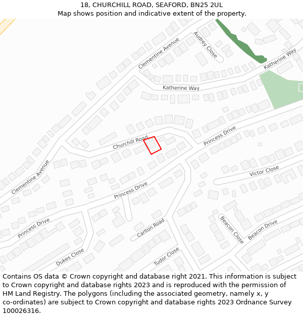 18, CHURCHILL ROAD, SEAFORD, BN25 2UL: Location map and indicative extent of plot
