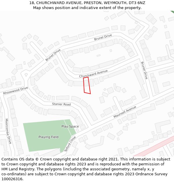 18, CHURCHWARD AVENUE, PRESTON, WEYMOUTH, DT3 6NZ: Location map and indicative extent of plot