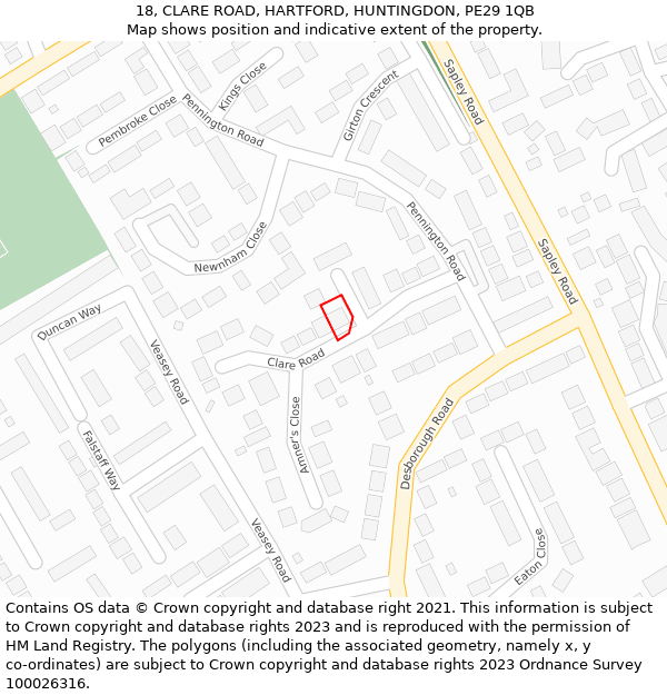 18, CLARE ROAD, HARTFORD, HUNTINGDON, PE29 1QB: Location map and indicative extent of plot