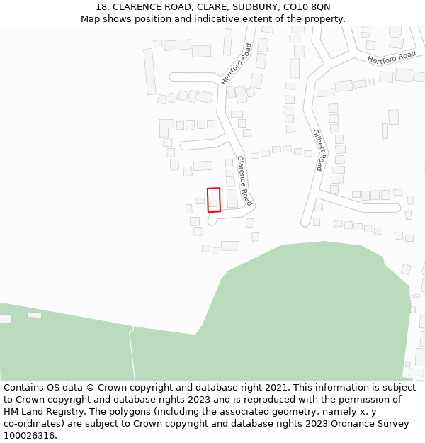 18, CLARENCE ROAD, CLARE, SUDBURY, CO10 8QN: Location map and indicative extent of plot