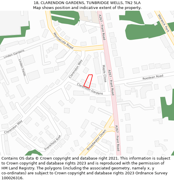 18, CLARENDON GARDENS, TUNBRIDGE WELLS, TN2 5LA: Location map and indicative extent of plot