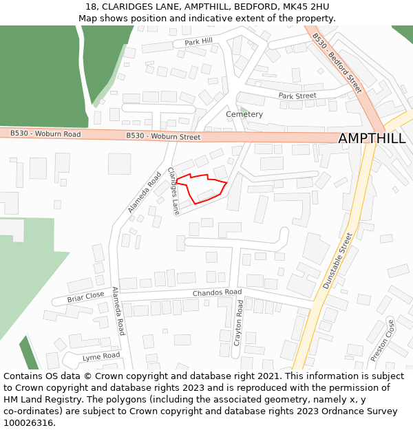 18, CLARIDGES LANE, AMPTHILL, BEDFORD, MK45 2HU: Location map and indicative extent of plot