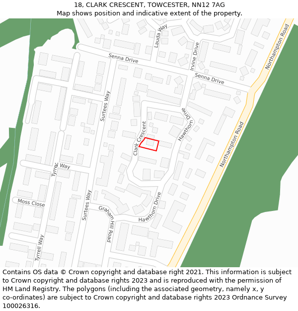 18, CLARK CRESCENT, TOWCESTER, NN12 7AG: Location map and indicative extent of plot