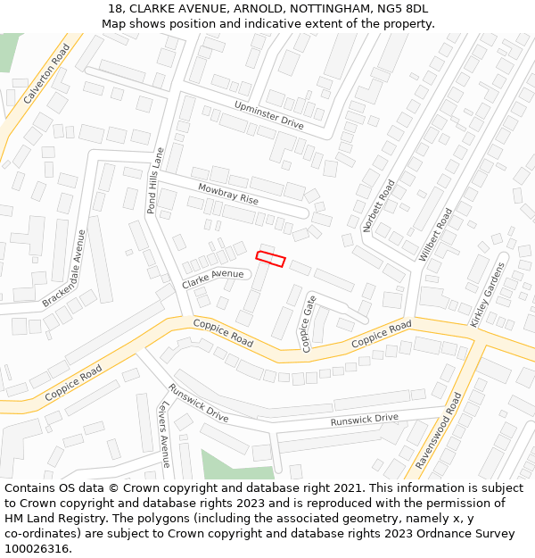 18, CLARKE AVENUE, ARNOLD, NOTTINGHAM, NG5 8DL: Location map and indicative extent of plot