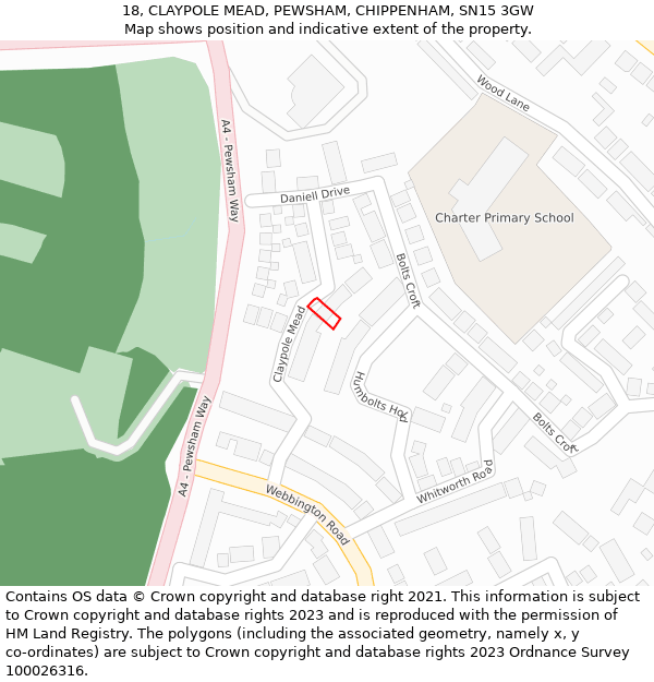 18, CLAYPOLE MEAD, PEWSHAM, CHIPPENHAM, SN15 3GW: Location map and indicative extent of plot