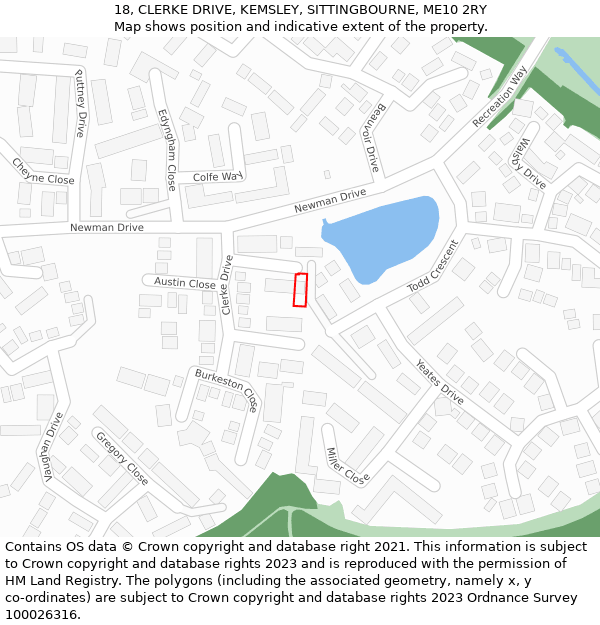 18, CLERKE DRIVE, KEMSLEY, SITTINGBOURNE, ME10 2RY: Location map and indicative extent of plot