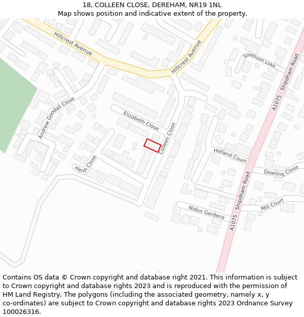 18, COLLEEN CLOSE, DEREHAM, NR19 1NL: Location map and indicative extent of plot