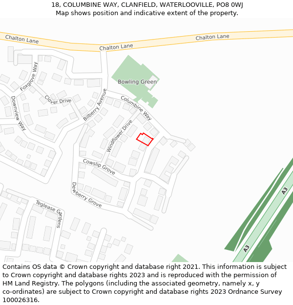 18, COLUMBINE WAY, CLANFIELD, WATERLOOVILLE, PO8 0WJ: Location map and indicative extent of plot