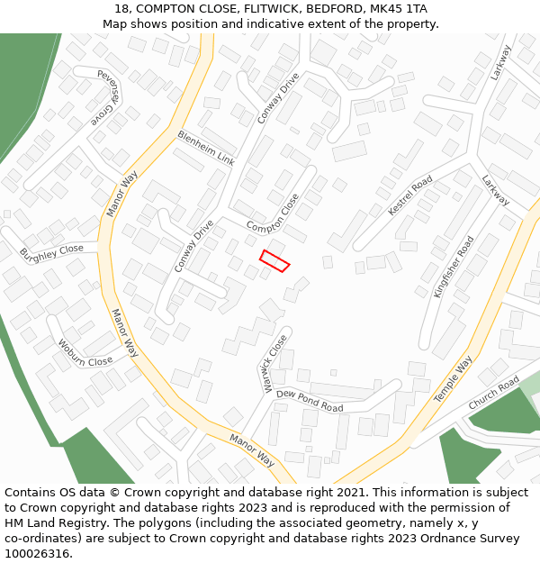 18, COMPTON CLOSE, FLITWICK, BEDFORD, MK45 1TA: Location map and indicative extent of plot