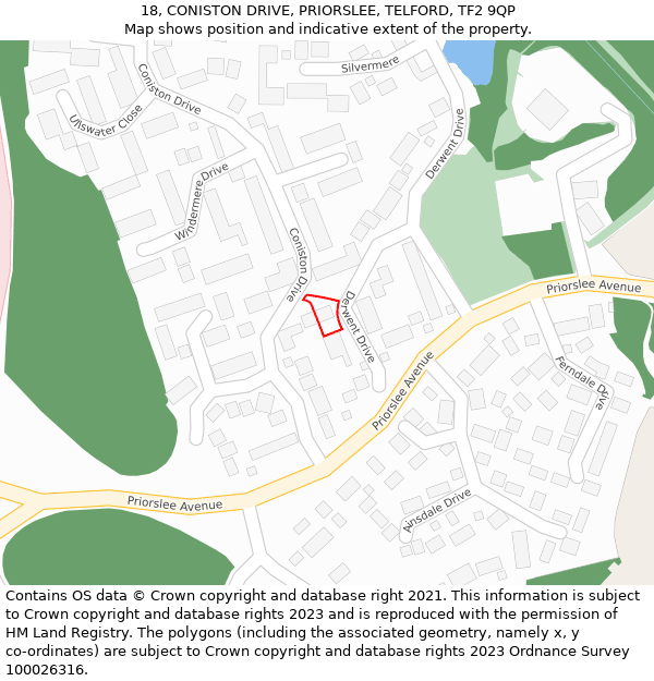 18, CONISTON DRIVE, PRIORSLEE, TELFORD, TF2 9QP: Location map and indicative extent of plot