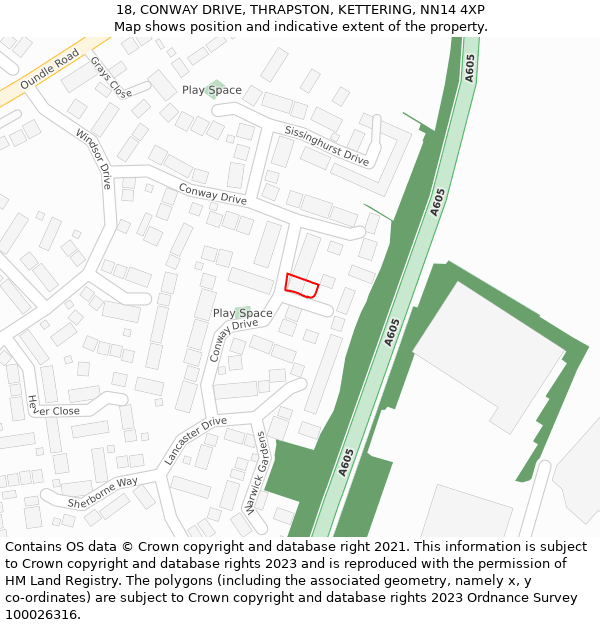 18, CONWAY DRIVE, THRAPSTON, KETTERING, NN14 4XP: Location map and indicative extent of plot