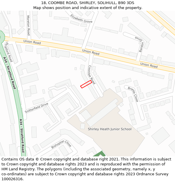 18, COOMBE ROAD, SHIRLEY, SOLIHULL, B90 3DS: Location map and indicative extent of plot