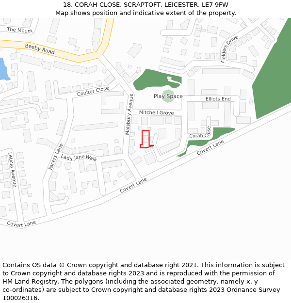 18, CORAH CLOSE, SCRAPTOFT, LEICESTER, LE7 9FW: Location map and indicative extent of plot