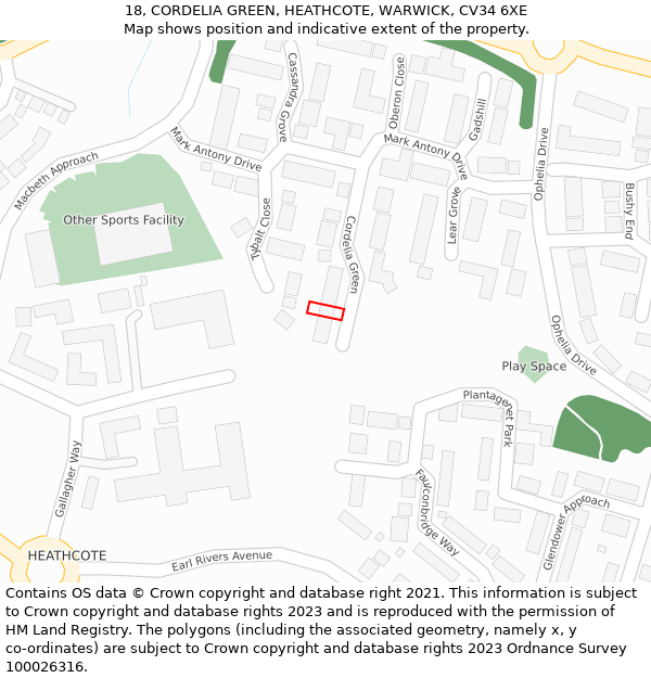 18, CORDELIA GREEN, HEATHCOTE, WARWICK, CV34 6XE: Location map and indicative extent of plot