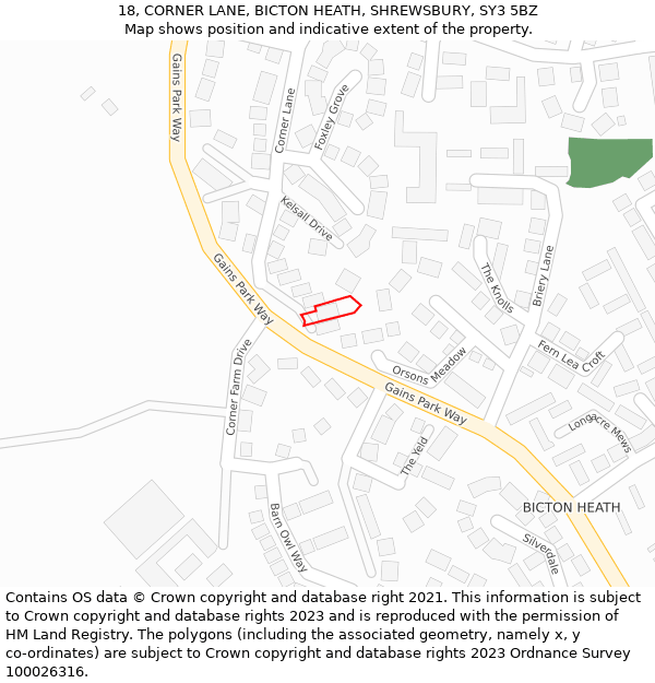 18, CORNER LANE, BICTON HEATH, SHREWSBURY, SY3 5BZ: Location map and indicative extent of plot