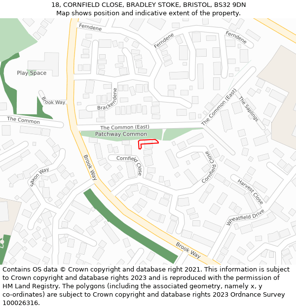 18, CORNFIELD CLOSE, BRADLEY STOKE, BRISTOL, BS32 9DN: Location map and indicative extent of plot