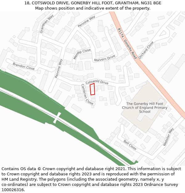 18, COTSWOLD DRIVE, GONERBY HILL FOOT, GRANTHAM, NG31 8GE: Location map and indicative extent of plot