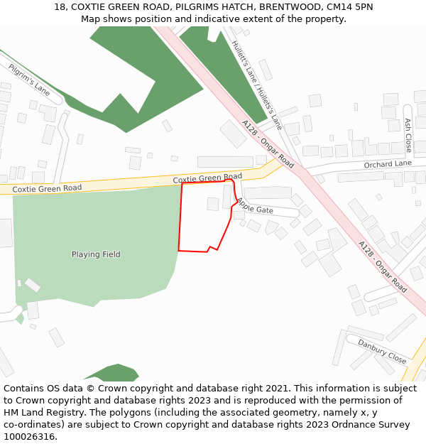 18, COXTIE GREEN ROAD, PILGRIMS HATCH, BRENTWOOD, CM14 5PN: Location map and indicative extent of plot