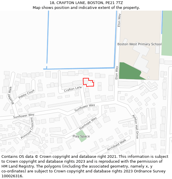 18, CRAFTON LANE, BOSTON, PE21 7TZ: Location map and indicative extent of plot