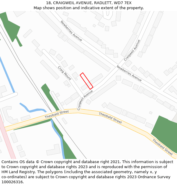 18, CRAIGWEIL AVENUE, RADLETT, WD7 7EX: Location map and indicative extent of plot