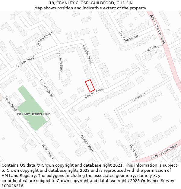 18, CRANLEY CLOSE, GUILDFORD, GU1 2JN: Location map and indicative extent of plot