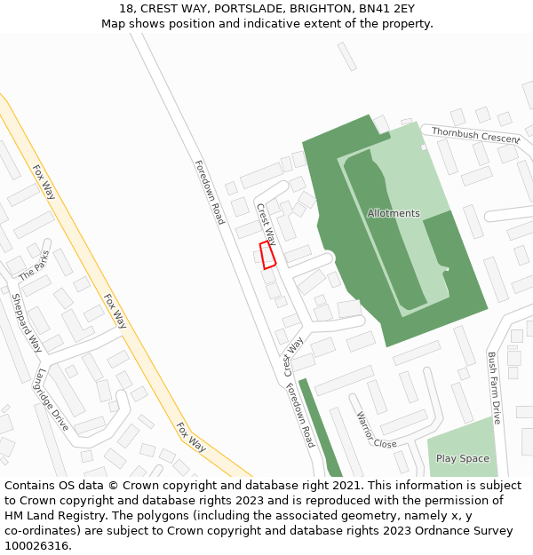 18, CREST WAY, PORTSLADE, BRIGHTON, BN41 2EY: Location map and indicative extent of plot