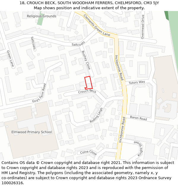 18, CROUCH BECK, SOUTH WOODHAM FERRERS, CHELMSFORD, CM3 5JY: Location map and indicative extent of plot