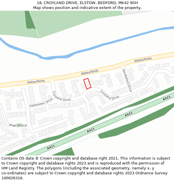 18, CROYLAND DRIVE, ELSTOW, BEDFORD, MK42 9GH: Location map and indicative extent of plot