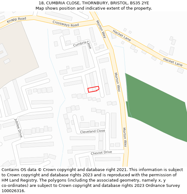 18, CUMBRIA CLOSE, THORNBURY, BRISTOL, BS35 2YE: Location map and indicative extent of plot