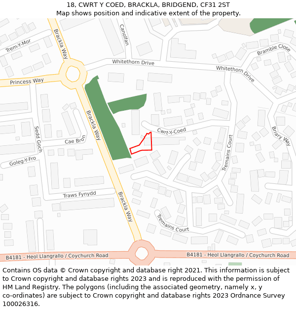 18, CWRT Y COED, BRACKLA, BRIDGEND, CF31 2ST: Location map and indicative extent of plot