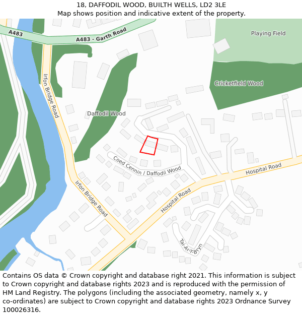 18, DAFFODIL WOOD, BUILTH WELLS, LD2 3LE: Location map and indicative extent of plot