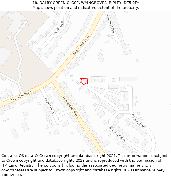 18, DALBY GREEN CLOSE, WAINGROVES, RIPLEY, DE5 9TY: Location map and indicative extent of plot