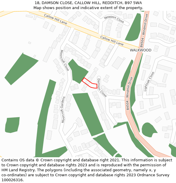 18, DAMSON CLOSE, CALLOW HILL, REDDITCH, B97 5WA: Location map and indicative extent of plot