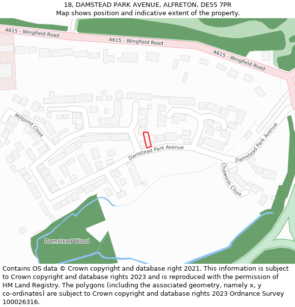 18, DAMSTEAD PARK AVENUE, ALFRETON, DE55 7PR: Location map and indicative extent of plot