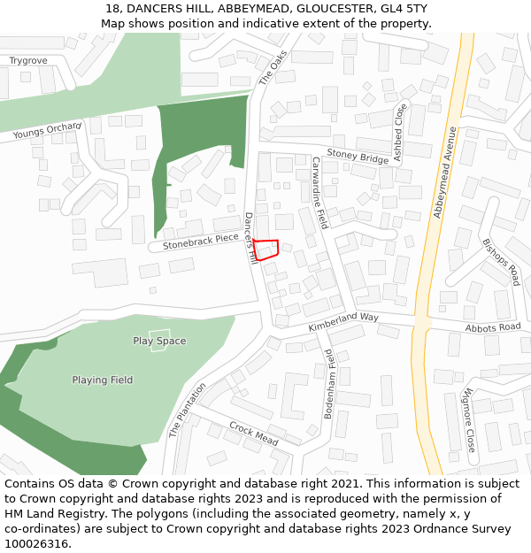 18, DANCERS HILL, ABBEYMEAD, GLOUCESTER, GL4 5TY: Location map and indicative extent of plot