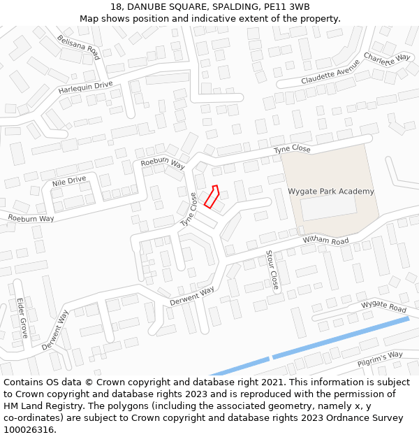 18, DANUBE SQUARE, SPALDING, PE11 3WB: Location map and indicative extent of plot