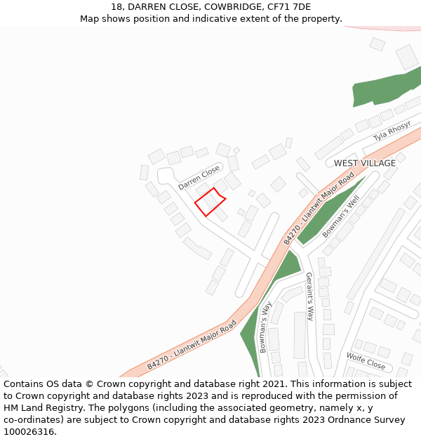 18, DARREN CLOSE, COWBRIDGE, CF71 7DE: Location map and indicative extent of plot