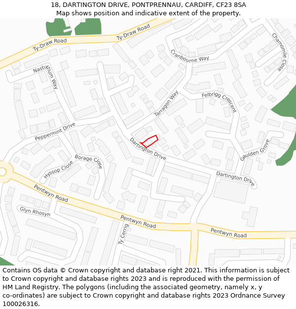 18, DARTINGTON DRIVE, PONTPRENNAU, CARDIFF, CF23 8SA: Location map and indicative extent of plot