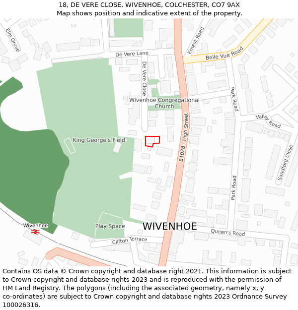 18, DE VERE CLOSE, WIVENHOE, COLCHESTER, CO7 9AX: Location map and indicative extent of plot
