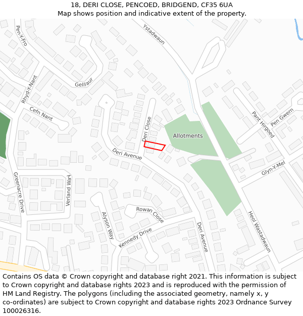 18, DERI CLOSE, PENCOED, BRIDGEND, CF35 6UA: Location map and indicative extent of plot