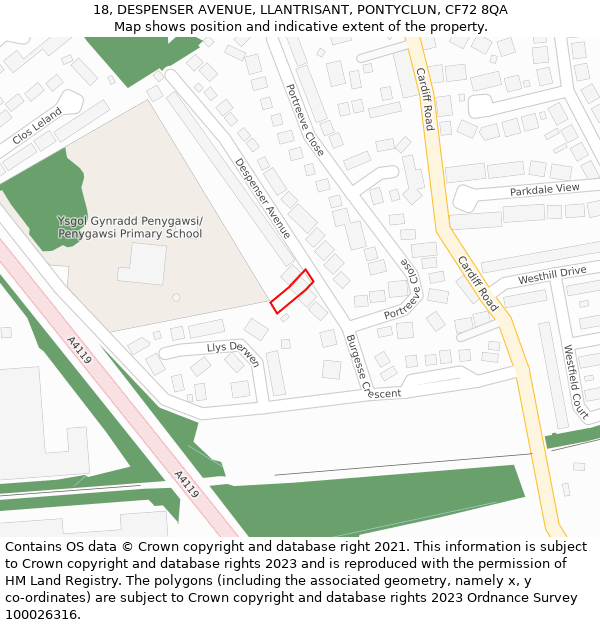 18, DESPENSER AVENUE, LLANTRISANT, PONTYCLUN, CF72 8QA: Location map and indicative extent of plot