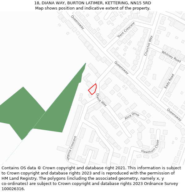18, DIANA WAY, BURTON LATIMER, KETTERING, NN15 5RD: Location map and indicative extent of plot