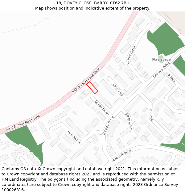 18, DOVEY CLOSE, BARRY, CF62 7BH: Location map and indicative extent of plot