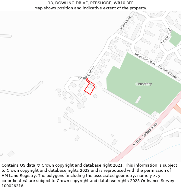 18, DOWLING DRIVE, PERSHORE, WR10 3EF: Location map and indicative extent of plot