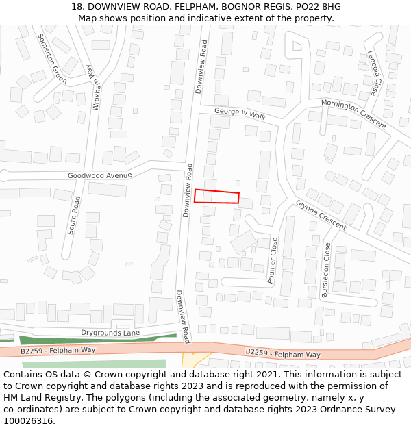 18, DOWNVIEW ROAD, FELPHAM, BOGNOR REGIS, PO22 8HG: Location map and indicative extent of plot