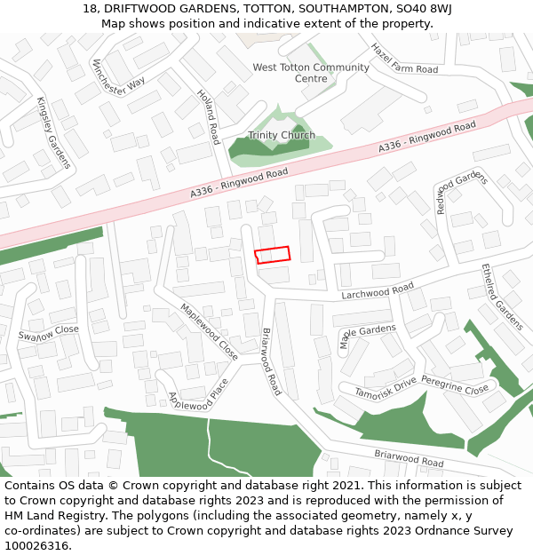 18, DRIFTWOOD GARDENS, TOTTON, SOUTHAMPTON, SO40 8WJ: Location map and indicative extent of plot