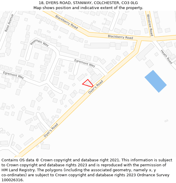 18, DYERS ROAD, STANWAY, COLCHESTER, CO3 0LG: Location map and indicative extent of plot