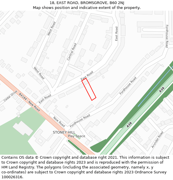 18, EAST ROAD, BROMSGROVE, B60 2NJ: Location map and indicative extent of plot